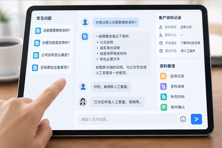 在线客服接待与咨询整理的服务场景示意