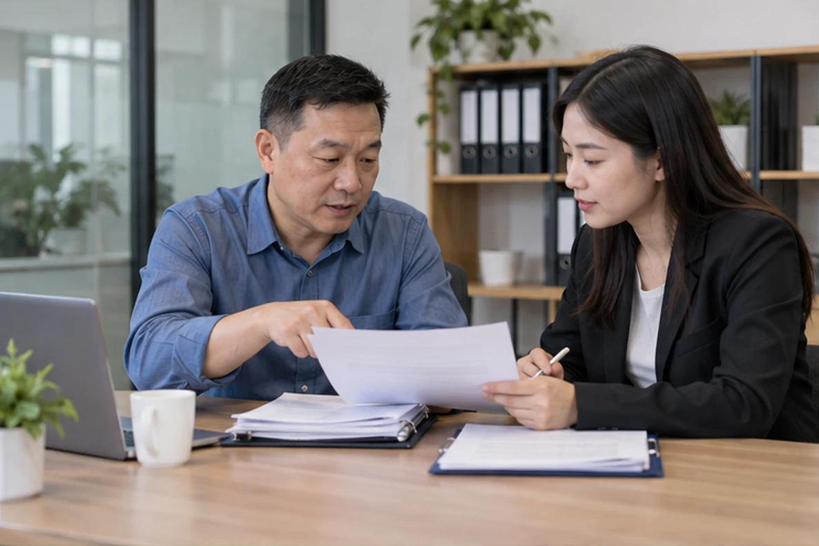 核对注册公司资料与办理事项的服务场景示意