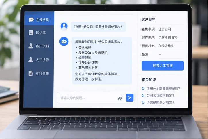 在线客服接待与咨询整理的服务场景示意