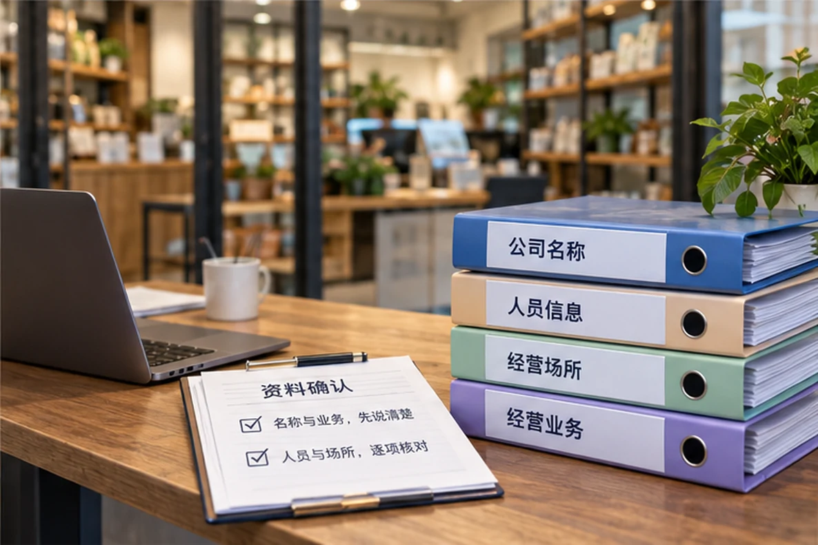 核对注册公司资料与办理事项的服务场景示意