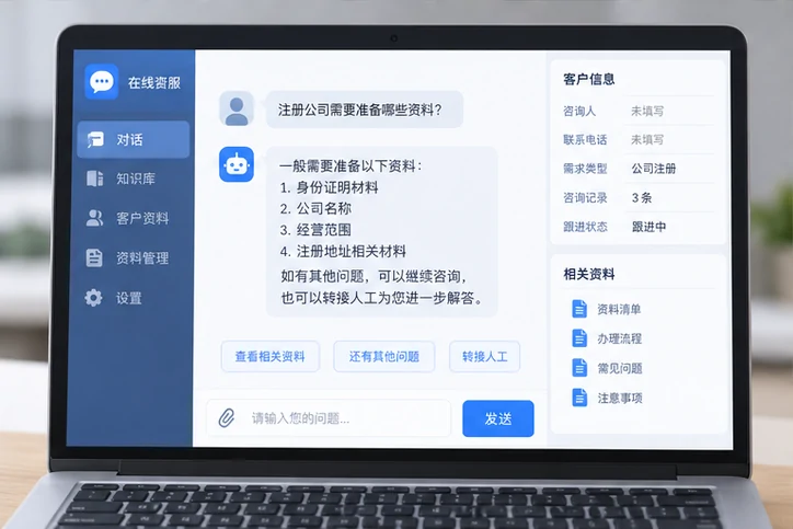 在线客服接待与咨询整理的服务场景示意