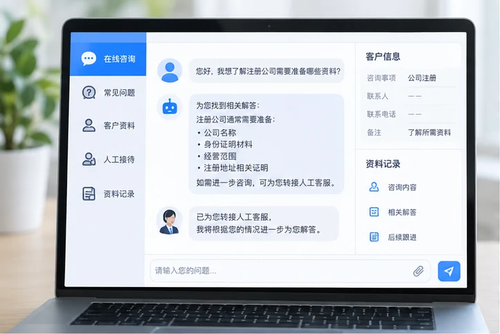 在线客服接待与咨询整理的服务场景示意