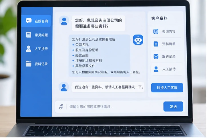 在线客服接待与咨询整理的服务场景示意