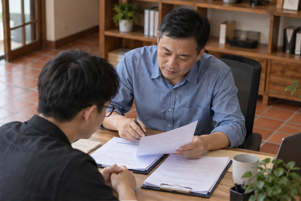 核对注册公司资料与办理事项的服务场景示意