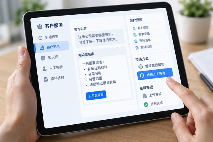 在线客服接待与咨询整理的服务场景示意