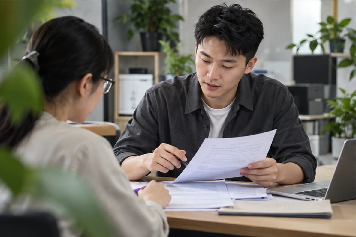 核对注册公司资料与办理事项的服务场景示意