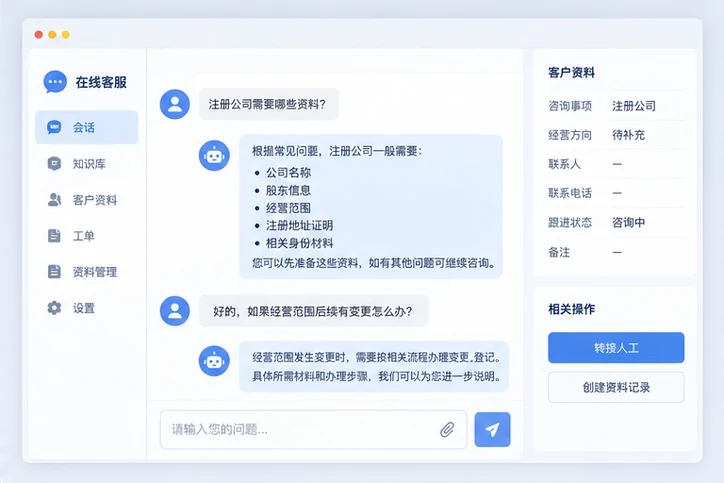 在线客服接待与咨询整理的服务场景示意