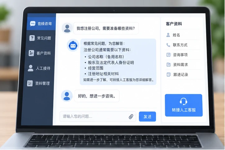 在线客服接待与咨询整理的服务场景示意