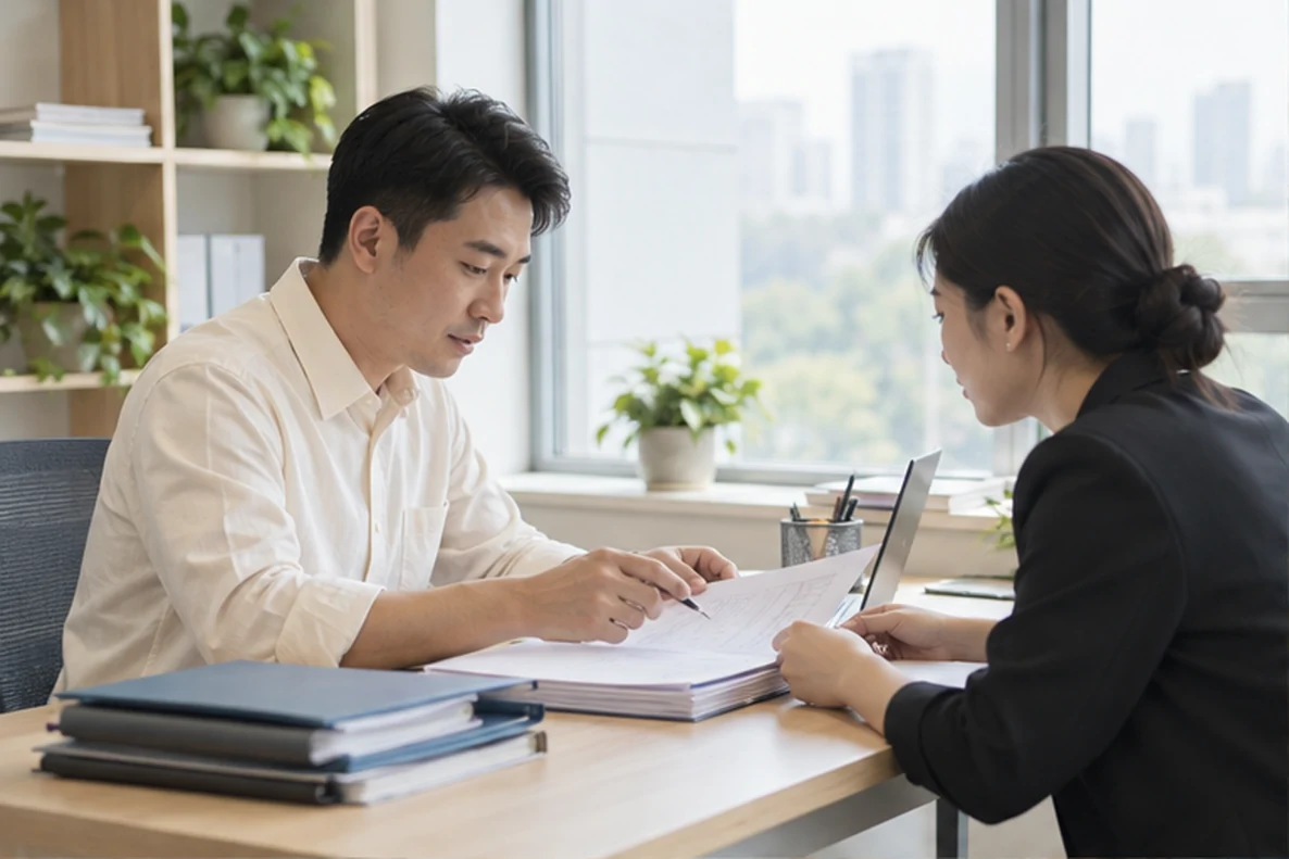 核对注册公司资料与办理事项的服务场景示意