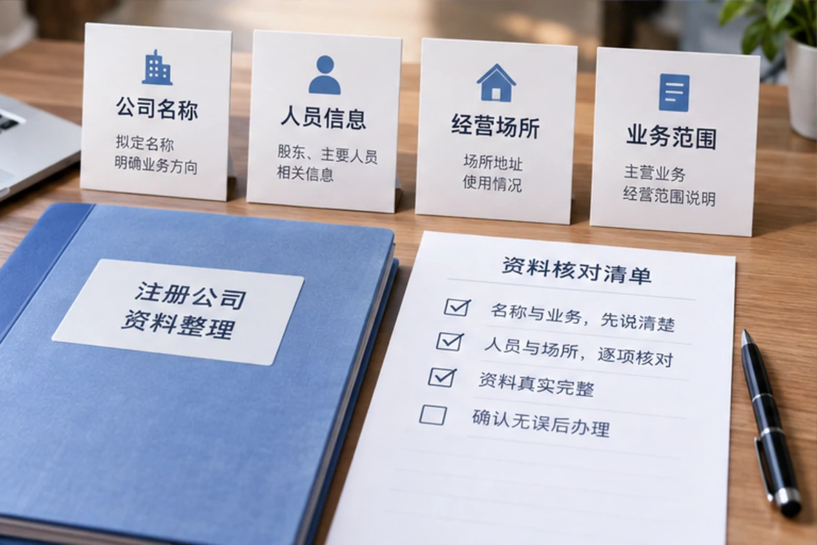 核对注册公司资料与办理事项的服务场景示意