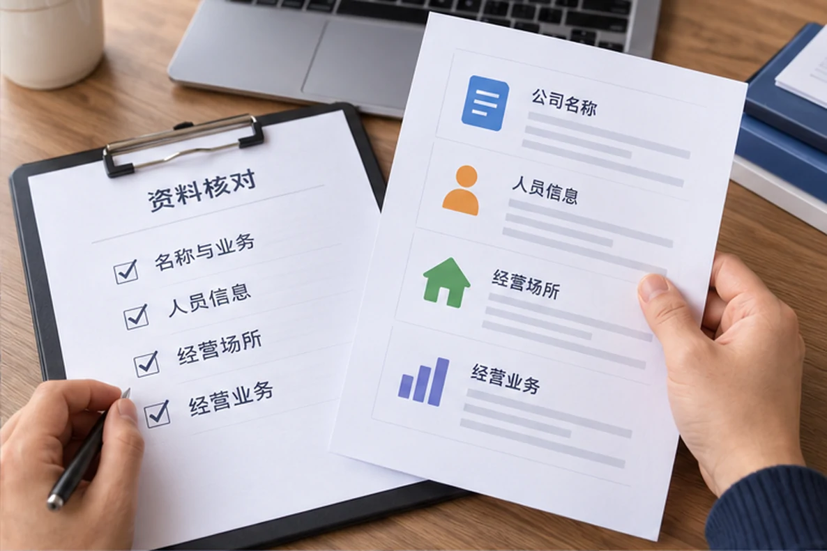 核对注册公司资料与办理事项的服务场景示意