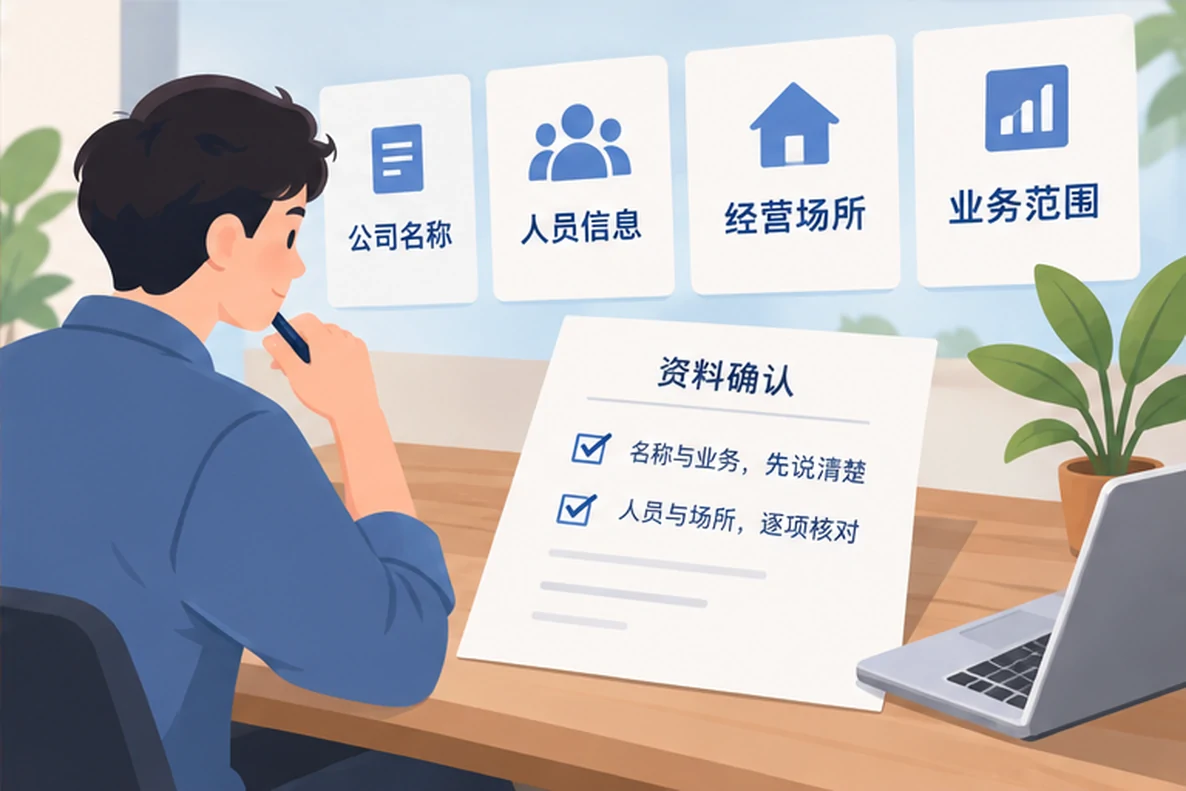 核对注册公司资料与办理事项的服务场景示意